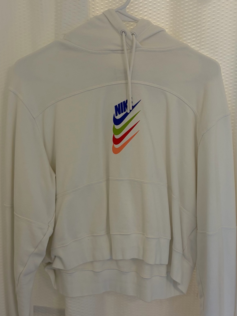 Nike White Cropped Hoodie with Stacked Multicolor Swooshes